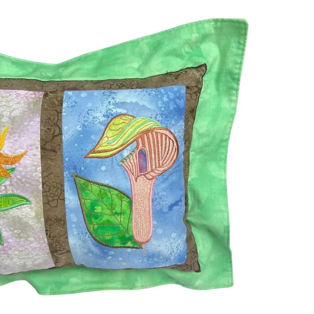 Vtg Quilted Batik Floral Throw Pillow 20” Appliqué Lily Cottagecore Botanical